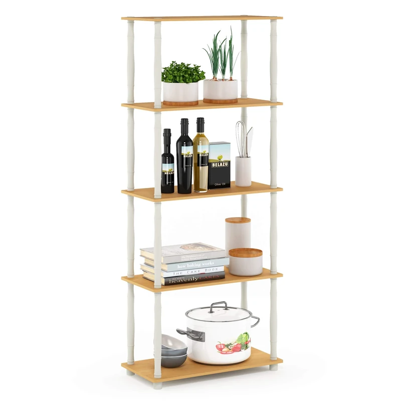 Furinno TURN-S-TUBE Storage Shelves, 5-Tier Book Shelf, Corner Shelf, Toolless Open Shelves, Classic Tubes, for Organization and Storage, Living Room, Garage, Home Office, Beech