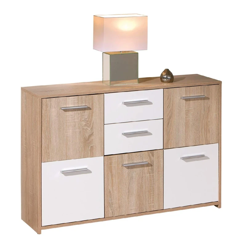 Esidra Dmora - Sideboard with five doors and two drawers in the central part, white and oak, Measurements 115 x 77 x 30 cm