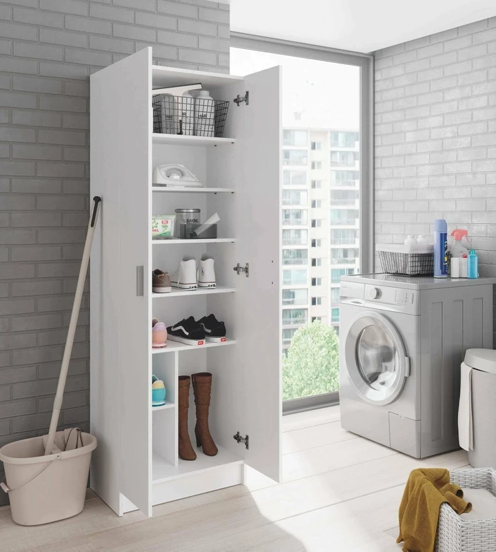 Esidra Dmora - 2 doors Multipurpose cabinet Portsmouth, Auxiliary cabinet, Modern shoe wardrobe, Vertical shoe rack, 59x37h180 cm, White