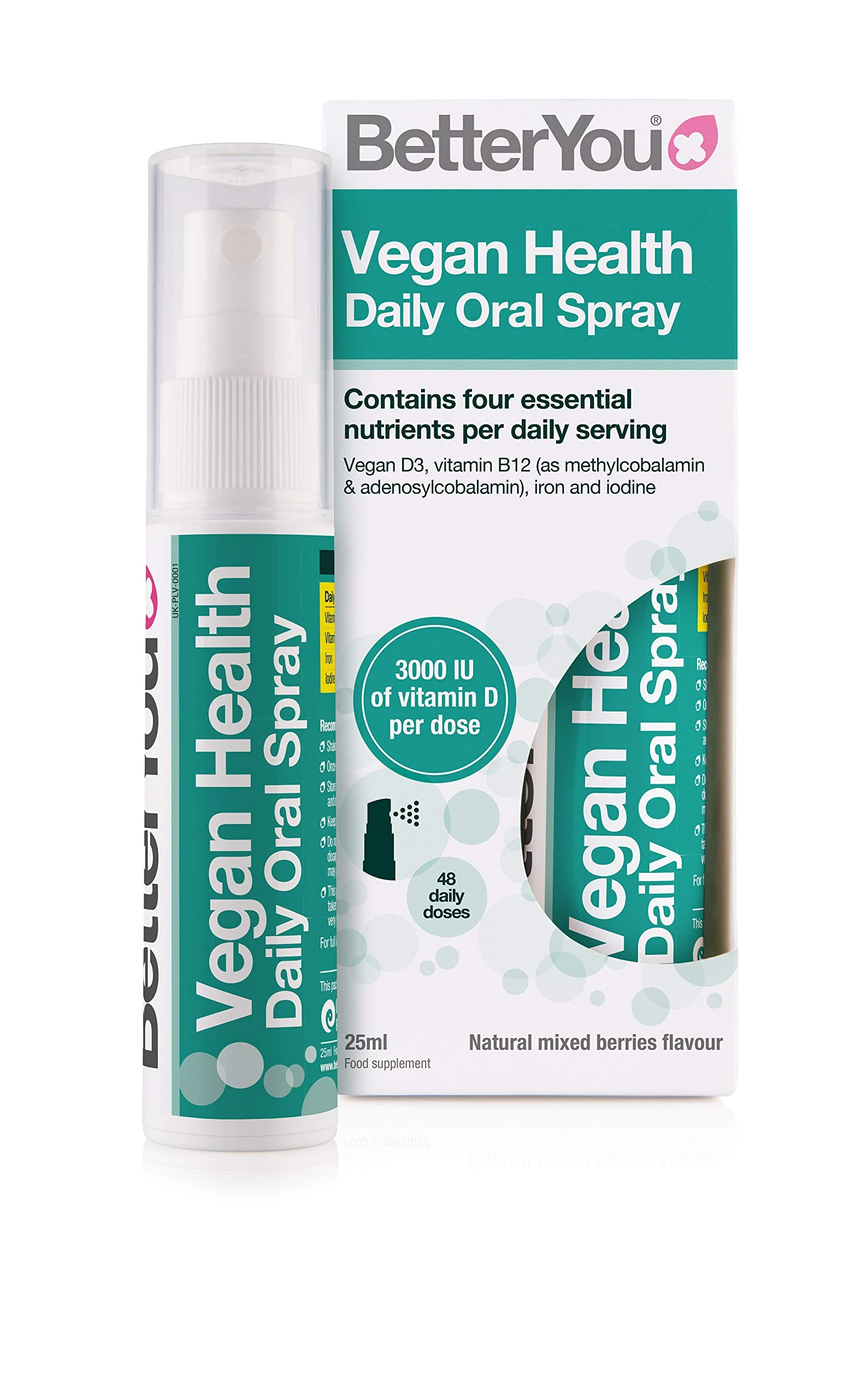 BetterYou Vegan Health Daily Oral Spray, Pill-Free Vitamin Supplement for Vegans, Contains Vitamin D, Vitamin B12, Iron and Iodine, 48-Day Supply, Made in The UK, Natural Mixed Berries Flavour