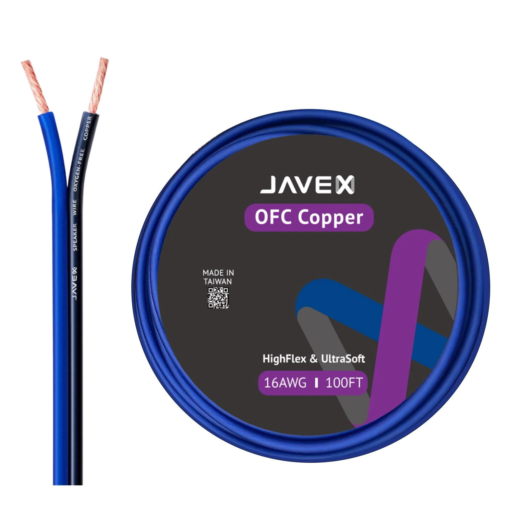 JAVEX Speaker Wire 16-Gauge [1.31mm2][0.16mm Strands Oxygen-Free Copper 99.9%] Stranded Copper, Blue/Black, Cable for Hi-Fi Systems, Amplifiers, AV receivers and Car Audio Systems, 30.5M