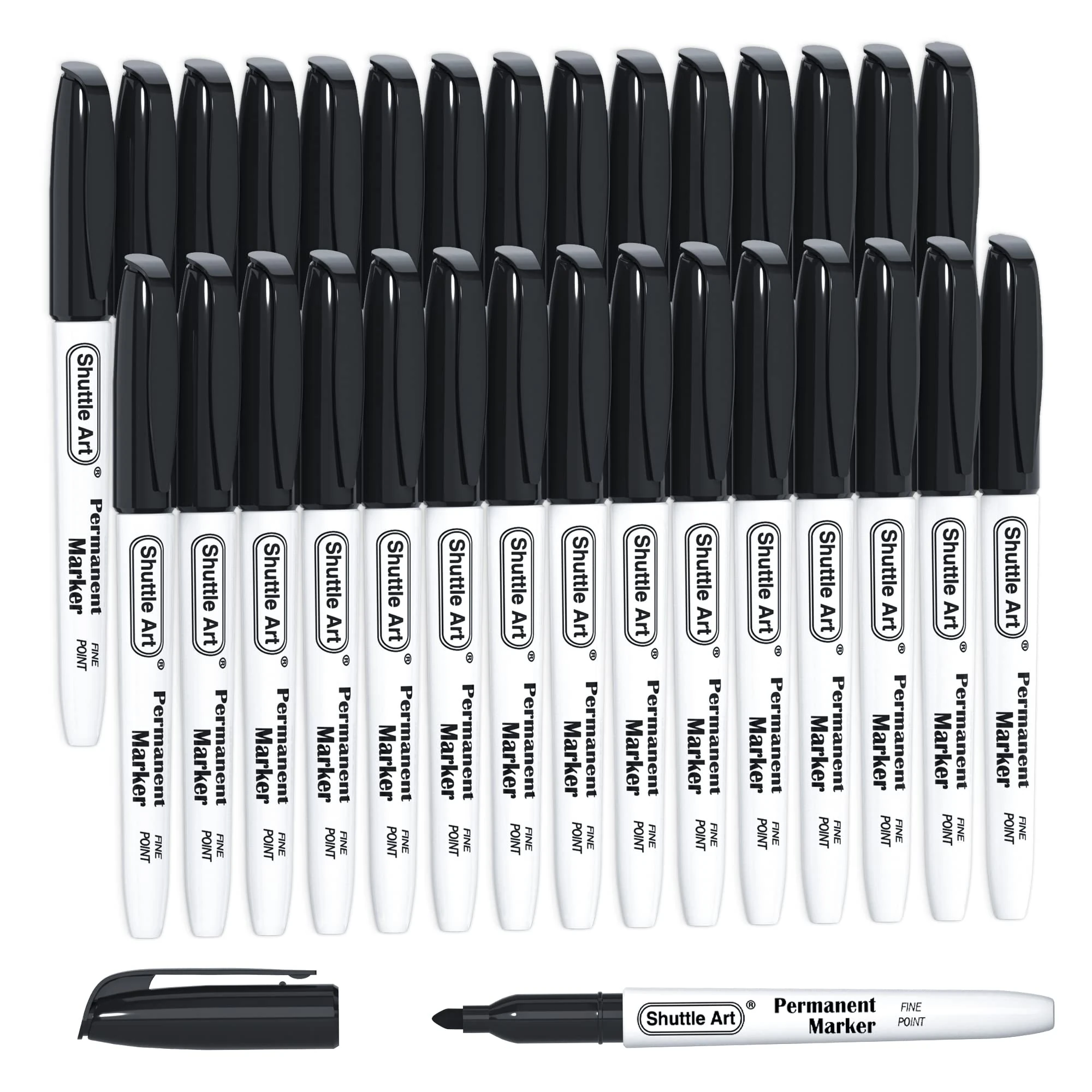 Shuttle Art 30 Pack Black Fine Tip Permanent Markers, Perfect on Plastic, Wood, Stone, Metal and Glass for Doodling, Colouring, Marking, School Supplies
