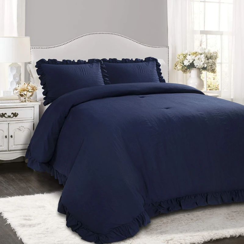 Lush Decor Reyna Comforter Navy Ruffled 3 Piece Set with Pillow Sham King Size Bedding