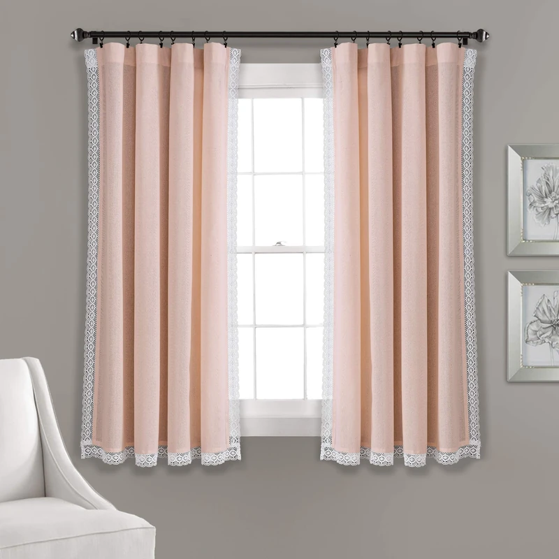 Lush Decor Rosalie Light Filtering Window Curtain Panel Set- Pair- Vintage Farmhouse & French Country Style Curtains - Timeless Dreamy Drape - Romantic Lace Trim - 54" W x 84" L, Blush