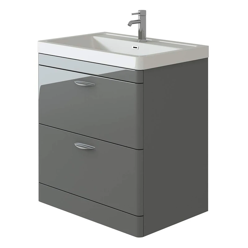 Cyrenne High Gloss Anthracite Grey Floor Standing Vanity Basin Storage Unit Cabinet & Polymarble Soft Edges Sink - 800mm - Image 1