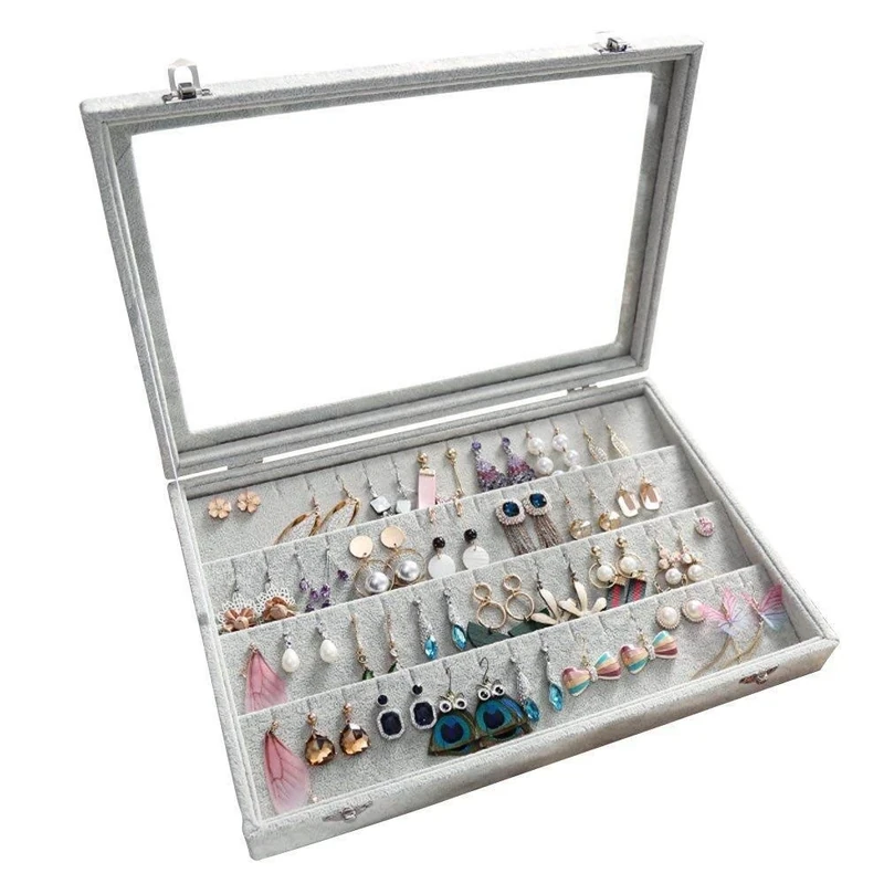 BIENSER Earrings Organiser, Velvet Clear Lid Earring Holder & 40 Pairs Earrings Storage Box, Jewellery Boxes Display Showcase Case Lockable, Dustproof, 13.14"(L) X 9.18"(W)