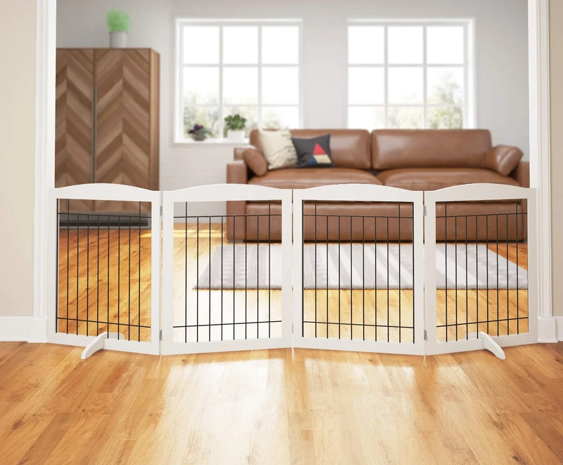 PAWLAND Extra Wide Dog gate for The House, Doorway, Stairs, Freestanding Foldable Wire Pet Gate, Pet Puppy Safety Fence Set of Support Feet Included 30" Height 4 Panels White