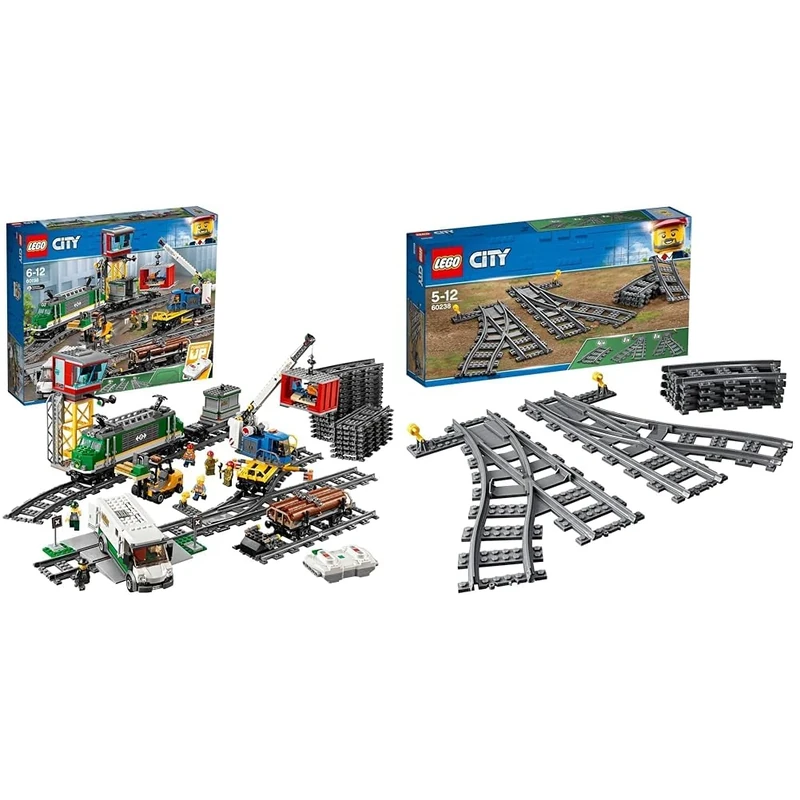 LEGO 60198 City Cargo Train Set Battery Powered Engine for 6 Year Old, RC Bluetooth Connection, 3 Wagons, Tracks and Accessories & 60238 City Switch Tracks 6 Pieces Extention Accessory Set