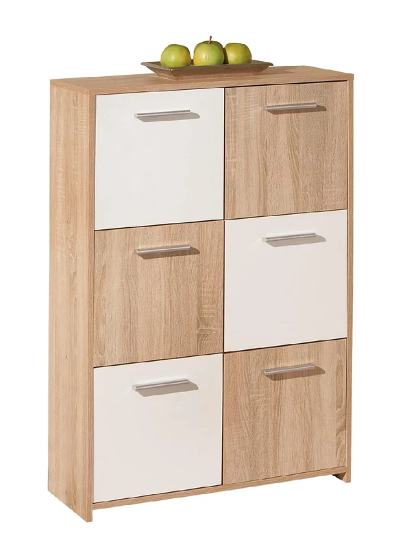 Dmora - Sideboard with six doors, white and oak, Measures 77 x 115 x 30 cm