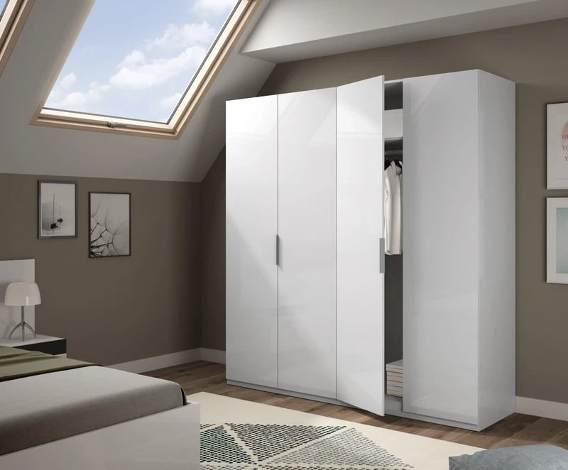 Dmora - Cloakroom Knoxville, Bedroom wardrobe with 4 hinged doors, Cabinet with 2 shelves and clothes hanger bar, 180x52h200 cm, White