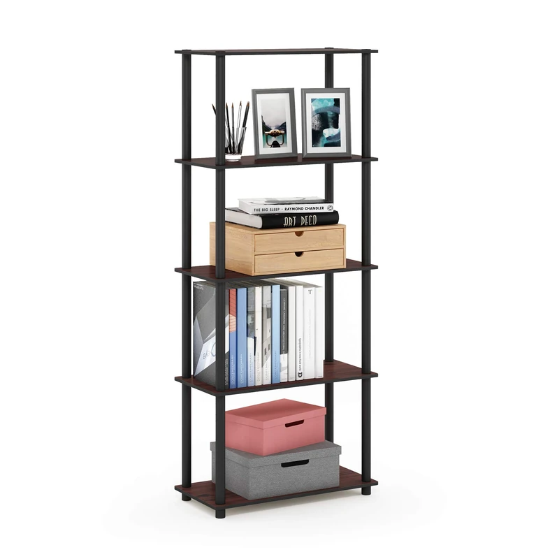Furinno TURN-N-TUBE Storage Shelves, 5-Tier Book Shelf, Corner Shelf, Toolless Open Shelves, for Organization and Storage, Living Room, Garage, Home Office, Dark Cherry