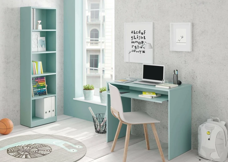 Esidra Dmora - Bookshop Pomona, High bookcase with 5 shelves, Office or bedroom shelf, Modern shelf with compartments, 52x25h80 cm, Teal