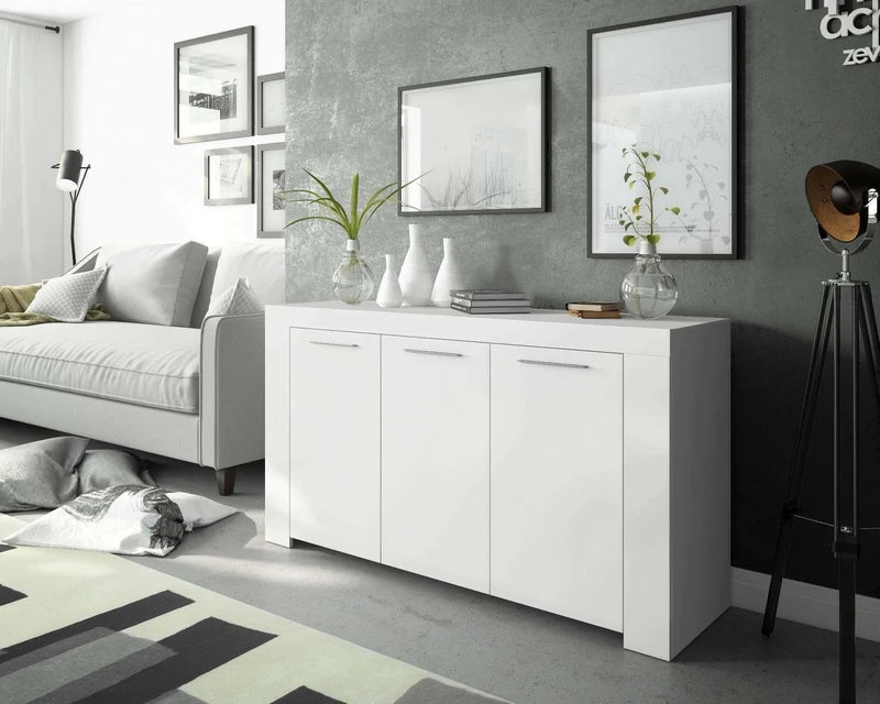 Dmora - Sideboard Bellevue, Modern sideboard with 3 doors, Living room buffet, TV cabinet, Sideboard for living room, 144x42h80 cm, White