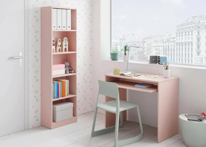 Esidra Dmora - Desk Dayton, Office desk with shelf, PC holder study table for office or bedroom, Study table, 90x54h79 cm, Pink