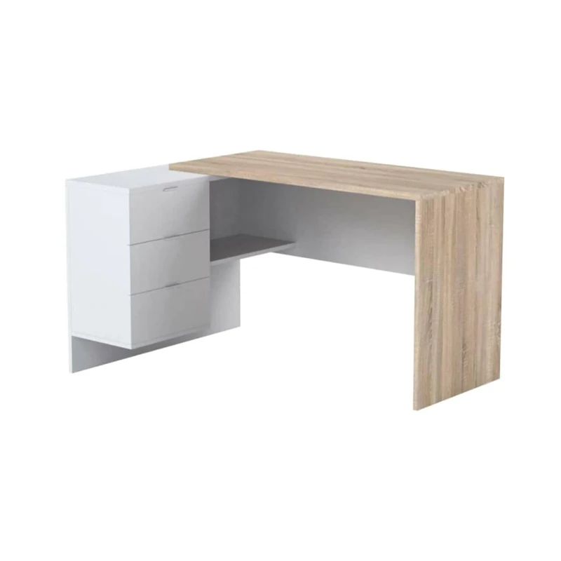 Esidra Dmora - Desk Greensboro, Reversible office desk with chest of drawers, Corner study or office PC table, 145x108h73 cm, Oak and White