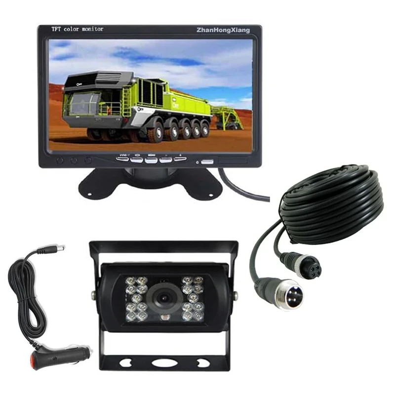 AHD 1080P Vehicle Reversing Camera 7" Monitor Kit,4 Pin 18LED IR Night Vision Rear View Mirror Camera System + 7 inch Car IPS Screen 12V-24V With 15m Cable For Bus Truck Trailer RV Motorhome