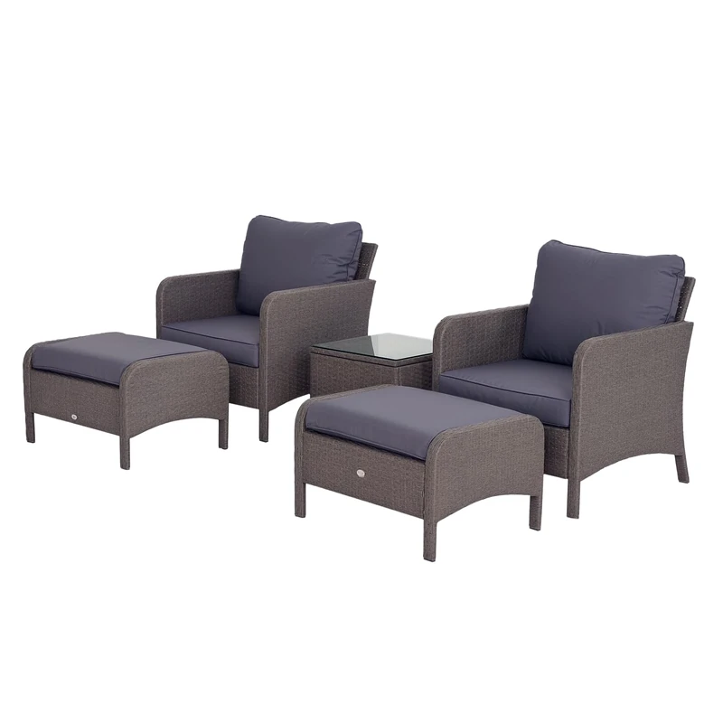 Outsunny 5 Pieces PE Rattan Garden Furniture Set with 10cm Thick Padded Cushions, Wicker Weave Outdoor Seating Chairs with 2 Armchairs, 2 Stools, Glass Top Table, Grey