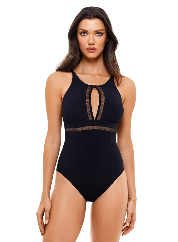 Amoressa Women's Swimwear Ethereal Beauty Whisper High Neckline One Piece Swimsuit, Black, 12