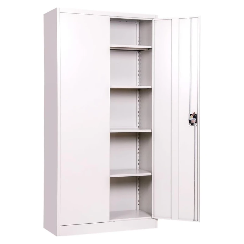 Grey Steel Storage Cupboard 2 Door Tall Locking Bookcase Filing Cabinet Unit 185cm , Heavy Duty Shelving x4 Shelves, Flat Pack