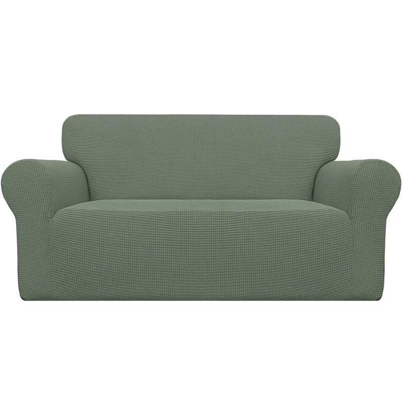 Easy-Going Stretch Loveseat Cover Furniture Protector Soft with Elastic Bottom for Kids, Jacquard Polyester Spandex Fabric Small Checks Gray-Green