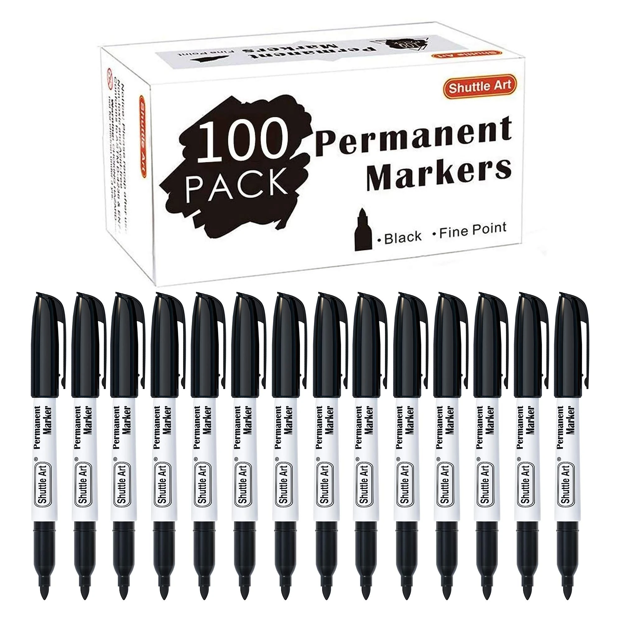 Shuttle Art 100 Pack Black Permanent Markers, Fine Point Permanent Marker Pens Set Perfect on Plastic, Wood, Stone, Metal and Glass for Doodling, Writing, Marking, Office School Supplies