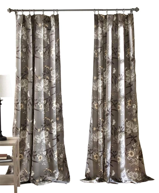 Lush Decor Botanical Garden Curtains Floral Bird Print Room Darkening Window Panel Set for Living, Dining, Bedroom (Pair), 95" x 52", Gray, Polyester, Grey, 52" W x 95" L (Pack of 1)