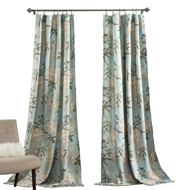 Lush Decor Botanical Garden Curtains Floral Bird Print Light Filtering Window Panel Drapes Set for Living, Dining, Bedroom (Pair), Blue, 52" W x 95L