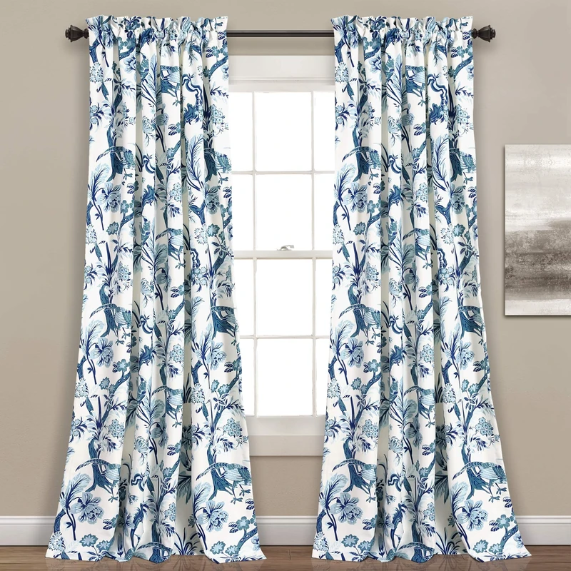 Lush Decor Dolores Light Filtering Window Panels, Pair, 52" W x 108" L, Blue - Toile Curtains - Floral Bird Print - Grandmillennial & French Country Curtains - Cottage & Maximalist Home Decor