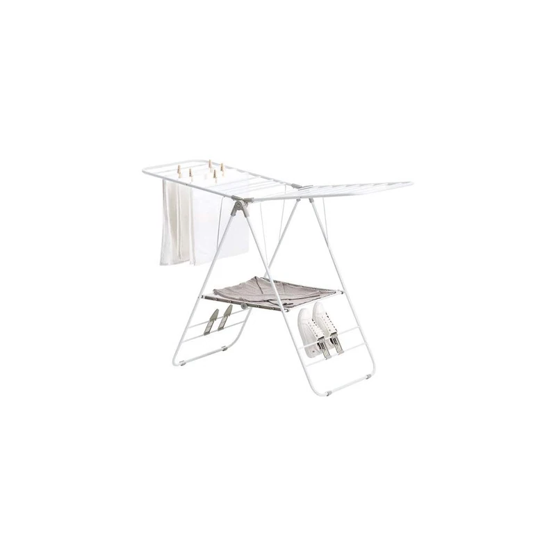 Rayen | Multifunctional clothesline | Strong material | Clothesline with XXL rods | 16 meter laying surface | mesh for drying delicate clothes | 4 shoe hangers | 15.24 x 153.67 x 273.05 cm