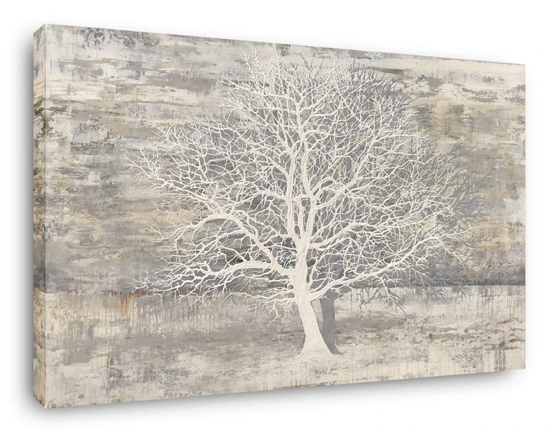 Yihui Arts Abstract Artwork Landscape Wall Art: Lonely Beautiful Winter Light White Tree Picture Prints on Wrapped Gray Canvas One Panel for Home Modern Decor