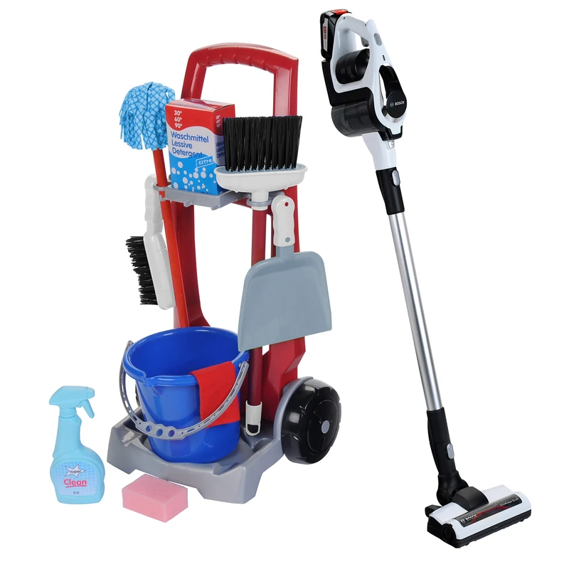 Theo Klein 6098 Cleaning trolley I 9-piece accessories including toy vacuum cleaner, broom, mop, bucket and much more I Toys for children aged 3 and over
