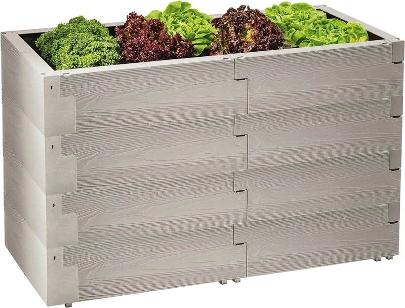 Juwel Timber Raised Bed Set of 4 (24 Building Blocks, 480 L Herb Bed Capacity, Wood Look, Heat Insulating, Modular, 130 x 60 x 80 cm, Grey, Outdoor, Vegetable Garden)