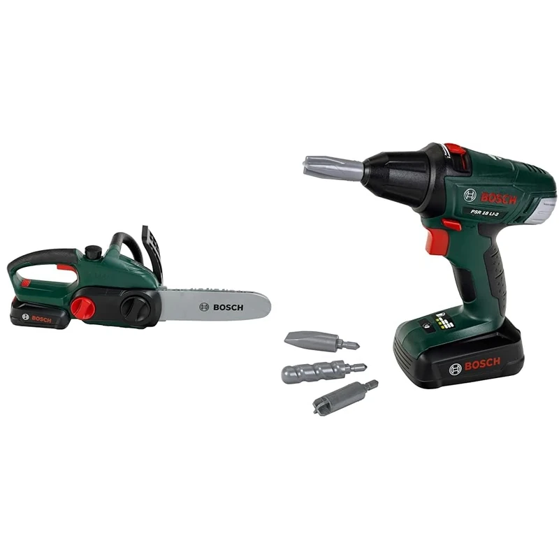 Theo Klein 8399 Bosch Chain Saw I Authentic Replica of the Original I Battery - Powered Saw with Light and Sound Effects I for Kids Aged 3 Years+ & 8567 Bosch Cordless Screwdriver I for Kids Aged 3+