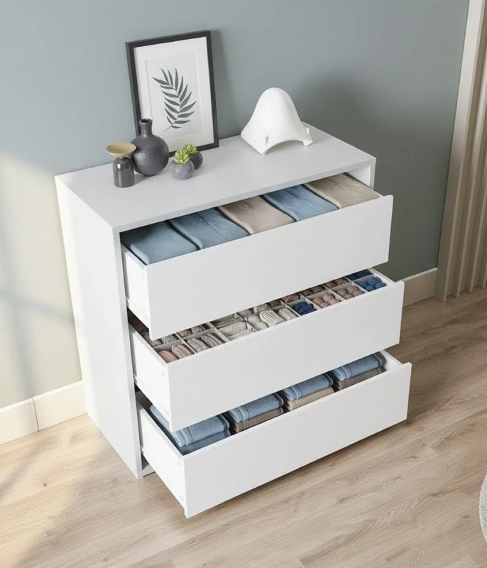 Esidra Dmora - Chest of drawers Newport, Chest of drawers with 3 drawers, Low chest of drawers for inside wardrobe, Modern weekly, 60x44h57 cm, White