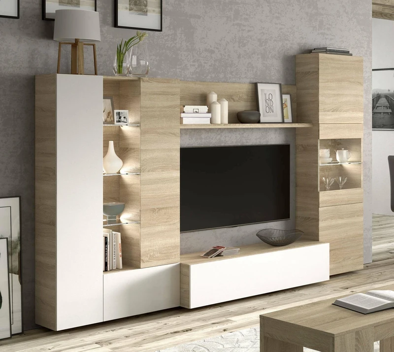 Esidra Dmora - Fitted wall Raleigh, Modular TV stand for living room, Composition for living room with wall units and display cabinets with led light, 260x42h185 cm, Oak and White