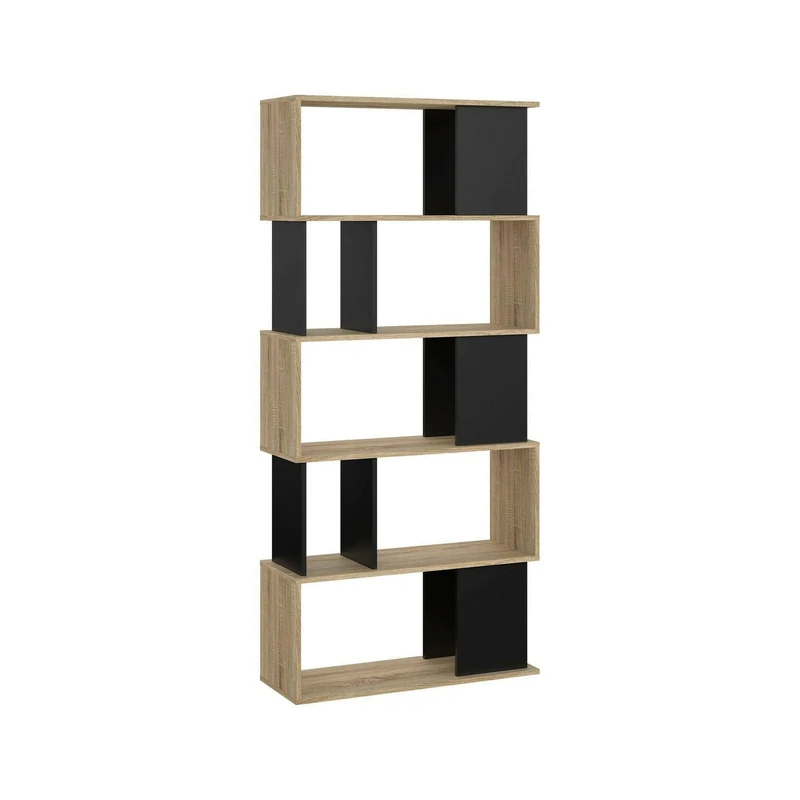 Esidra Dmora - Bookcase with five asymmetrical shelves, oak and black color, Measurements 80 x 175 x 29 cm