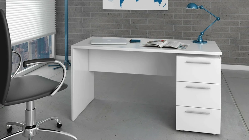 Esidra Dmora - Desk Dallas, Modern office desk, Study table with chest of drawers with 2 drawers and 1 door, 138x60h74 cm, White