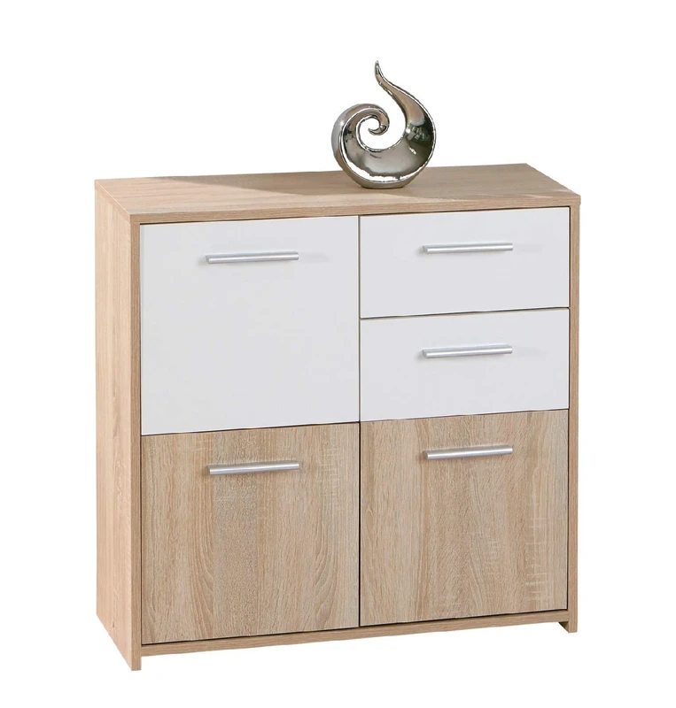 Dmora - Sideboard with three doors and two drawers, white and oak, Measures 77 x 77 x 30 cm