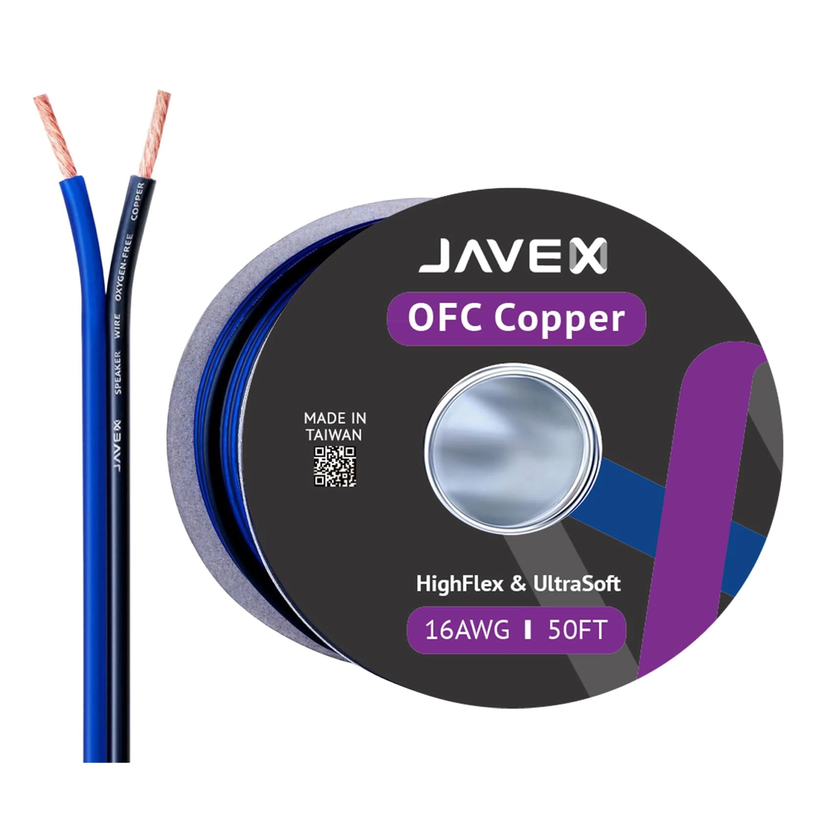 JAVEX Speaker Wire 16-Gauge AWG [0.16mm Strands Oxygen-Free Copper 99.9%] Stranded Copper, Blue/Black, Cable for Hi-Fi Systems, Amplifiers, AV receivers and Car Audio Systems, 15.25M
