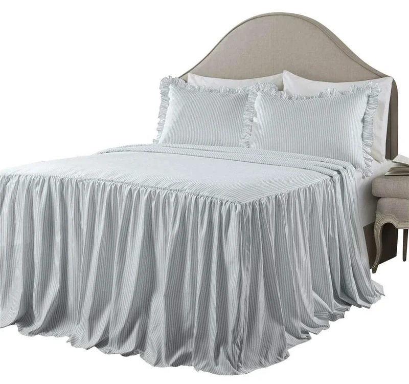 Lush Decor Ticking Stripe Bedspread Lake Blue Vintage Chic Farmhouse Style Lightweight 3 Piece Set Queen, Polyester