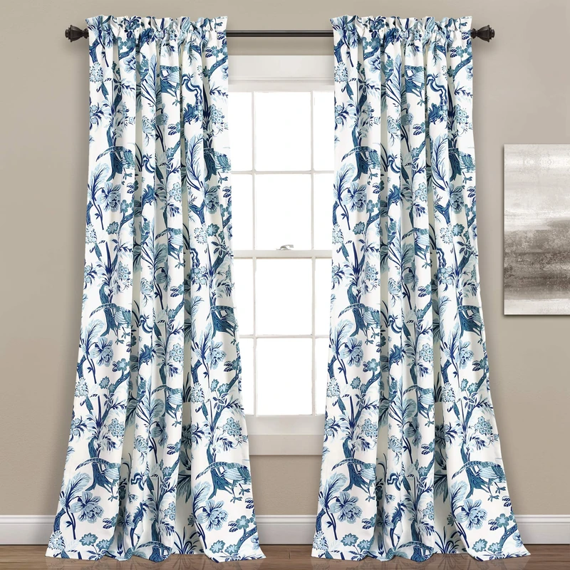 Lush Decor Dolores Light Filtering Window Panels, Pair, 52" W x 95" L, Blue - Toile Curtains - Floral Bird Print - Grandmillennial & French Country Curtains - Cottage & Maximalist Home Decor