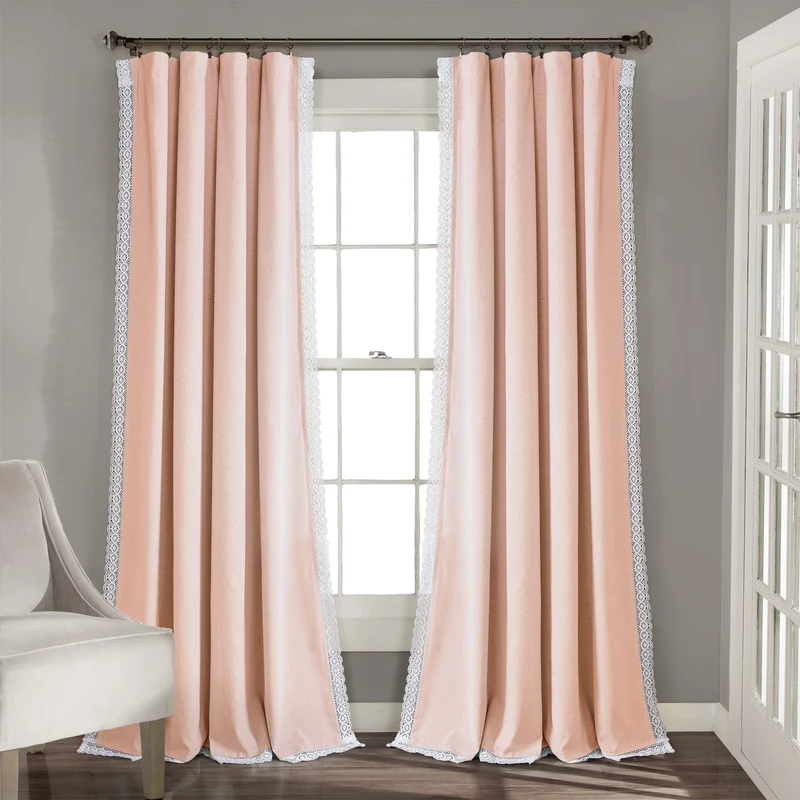 Lush Decor Rosalie Farmhouse Window Curtains Rustic Style Panel Set for Living, Dining Room Bedroom (Pair), 54" W x 95" L, Blush