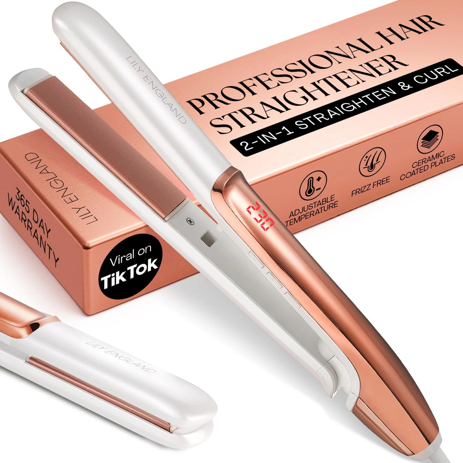 Lily England Hair Straighteners for Women - 2-in-1 Ceramic Flat Iron & Curler, Rose Gold Straightener with Adjustable Temp 100-230°C, Fast Heat-Up, Dual Voltage Technology - for Sleek & Shiny Finish