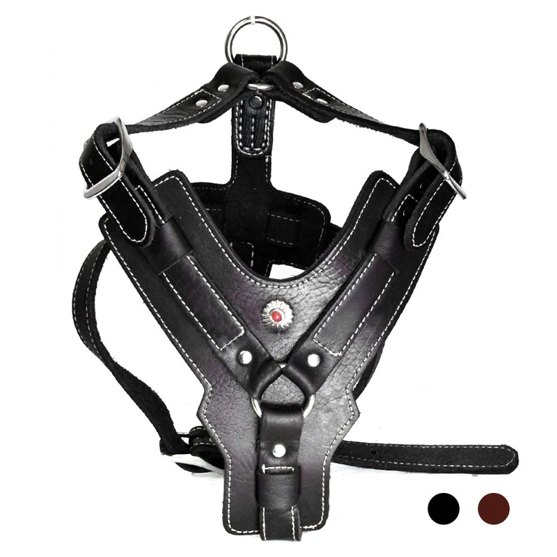PESHOUCO Leather Dog Harness Handmade Genuine Leather Durable Strong Pet Harness with Adjustable Straps No Pull Easy Control Pet Vest 28" - 32" Chest for Medium Large Dogs Black Halloween Crafts