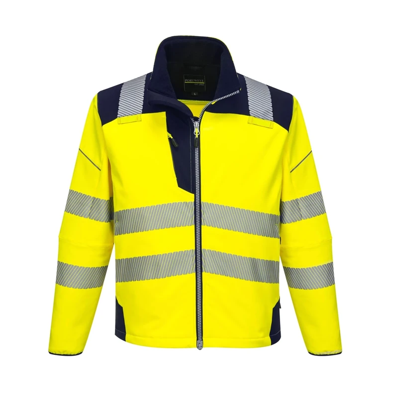 Portwest T402 Men's PW3 Hi Vis Safety Jacket - Windproof Water Resistant High Visibility Reflective Softshell Jacket Yellow/Navy, X-Large