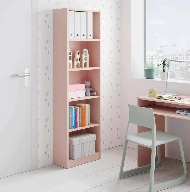 Esidra Dmora - Bookshop Pomona, High bookcase with 5 shelves, Office or bedroom shelf, Modern shelf with compartments, 52x25h180 cm, Pink
