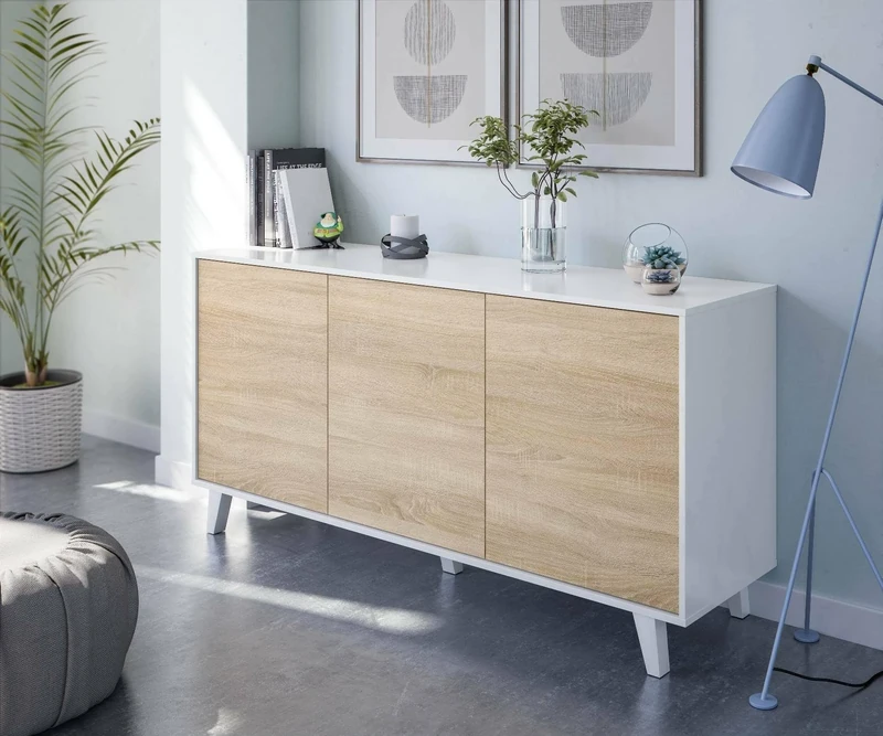 Esidra Dmora - Sideboard Arvada, Modern sideboard with 3 doors and shelves, Kitchen buffet, Living room design buffet, 154x40h75 cm, White and oak