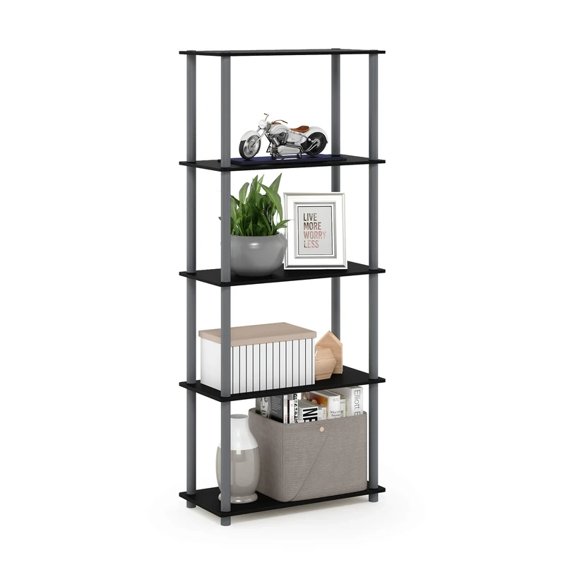 Furinno TURN-N-TUBE Storage Shelves, 5-Tier Book Shelf, Corner Shelf, Toolless Open Shelves, for Organization and Storage, Living Room, Garage, Home Office, Black