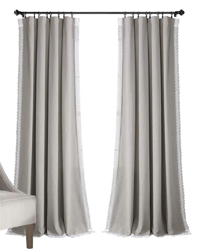 Lush Decor Rosalie Light Filtering Window Curtain Panel Set- Pair- Vintage Farmhouse & French Country Style Curtains - Timeless Dreamy Drape - Romantic Lace Trim - 54" W x 108" L, Light Gray
