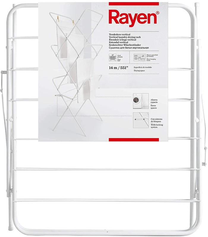 Rayen | Vertical clothesline | Easy to fold | 14 m laying area | With leg locking system | With non-slip stops | 61 x 138 x 44.5 cm